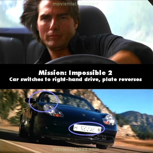 Phim Mission : Impossible 2, vô lăng đổi bên, chữ và số trên biển số xe lộn ngược